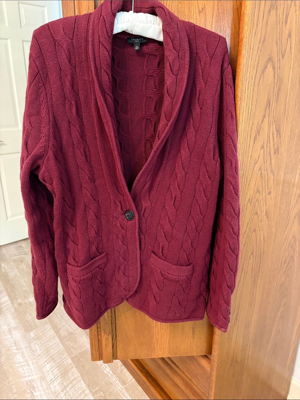 Talbots Maroon Cable-Knit Shawl Collar Cardigan